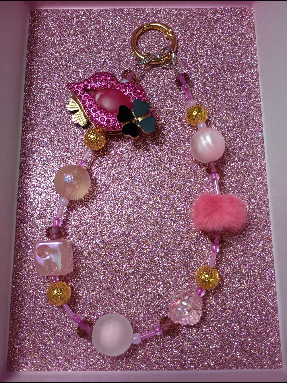 Pink Beaded Phone Chain Lip Charm with Insert